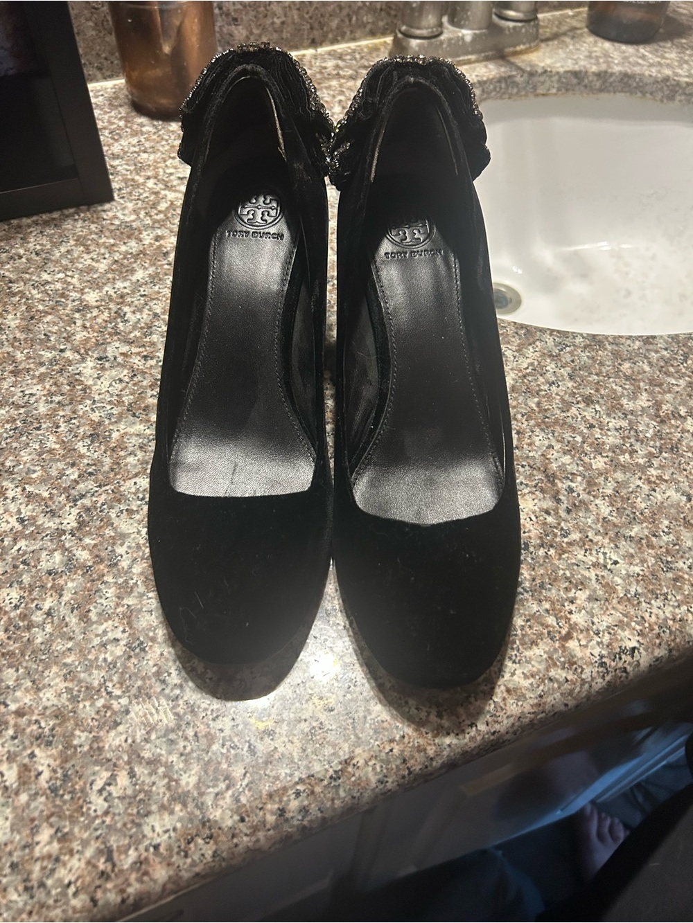 Tory Burch Black Velvet Heels with Crystal Bows - Picture 2 of 12